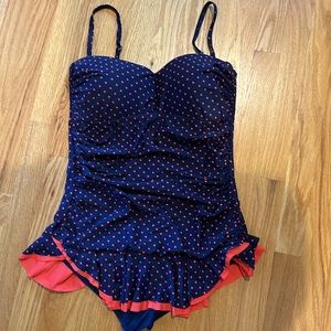 Swimsuit One Piece Navy Blue w/Dots Size 14